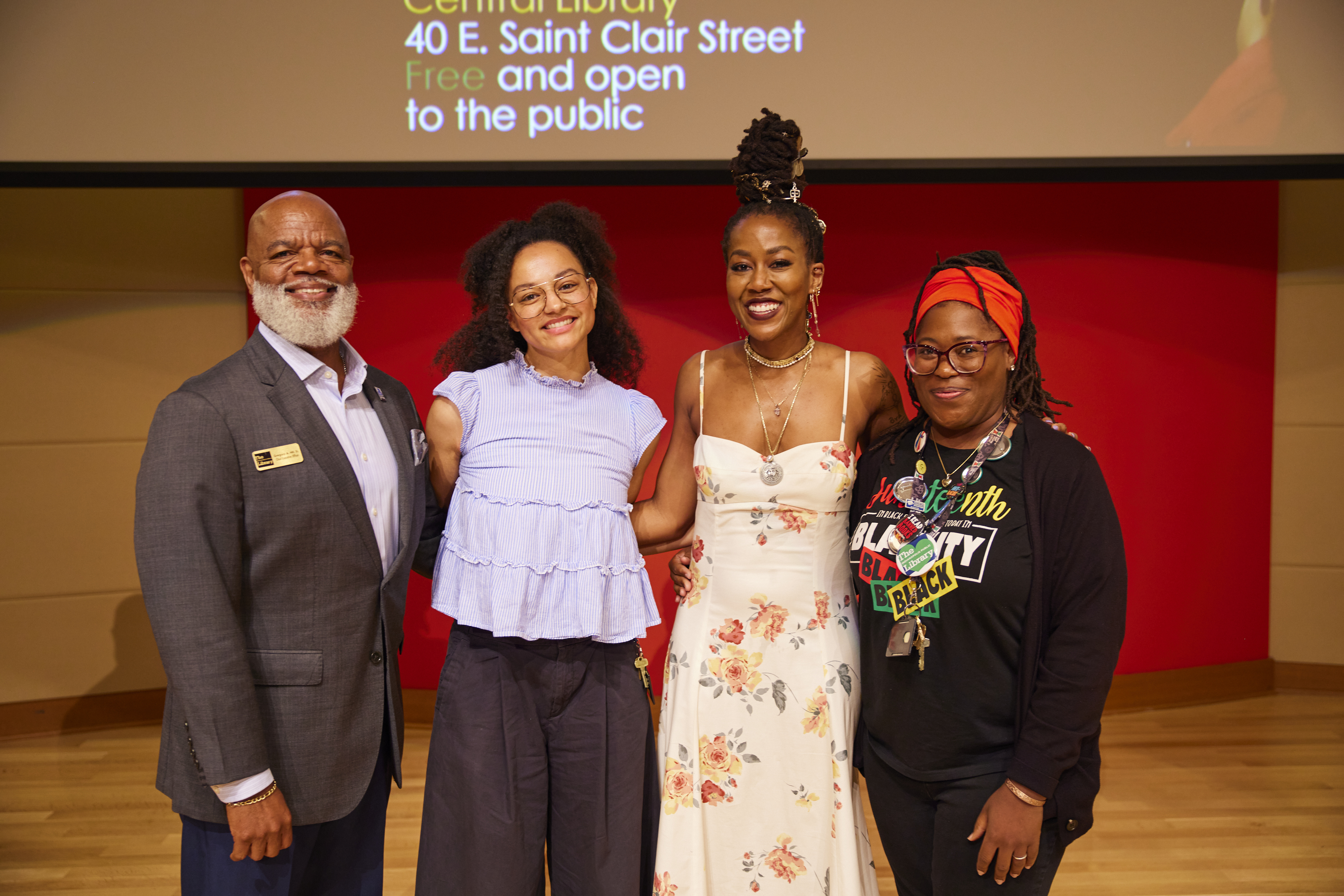 Gregory A. Hill, Sr., CEO of the Indianapolis Public Library, CBLC Manager Hallie Raikes, author Tomi Adeyemi, and CBLC Public Services Librarian Bryanna Barnes