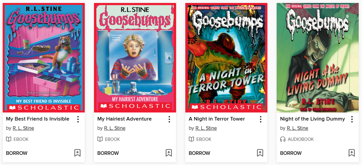 Book covers of the four R.L. Stine books 'My Best Friend is Invisible,' 'My Hairiest Adventure,' 'A Night in Terror Tower,' and 'Night of the Living Dummy.'