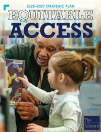 Indianapolis Public Library 2025-2027 Strategic Plan booklet cover showing an adult helping a child select a book from library shelves.