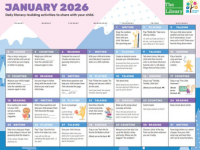Thumbnail of a monthly Early Learning calendar that includes daily ideas to help your child with language and literacy skills using simple and fun activities.