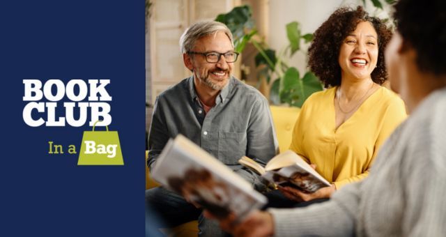 Book Club in a Bag logo with three adults sitting with open books, laughing.