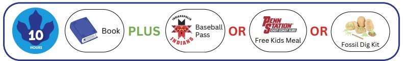 Read 10 hours choose a book +an Indianapolis Indians Baseball Pass OR a Penn Station Free Kids Meal OR a Fossil Dig Kit