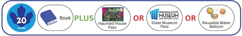 Read 20 hours choose a Book + a Haunted House Pass OR an Indiana State Museum Pass OR a Reusable Water Balloon