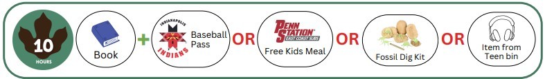 Read 10 hours choose a book + an Indianapolis Indians Baseball Pass OR a Penn Station Free Kids Meal OR a Fossil Dig Kit OR one item from the teen bin