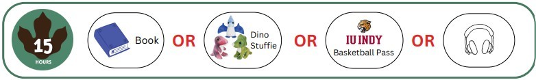 Read 15 hours choose a book OR a dino stuffie OR an IU Indy Basketball Pass OR one item from the teen bin