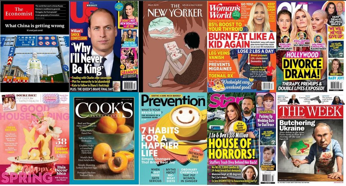 Top ten Libby magazine covers including The Economist, Us Weekly, The New Yorker, Women's World, OK!, Good Housekeeping, Cooks Illustrated, Prevention, Star, and The Week.