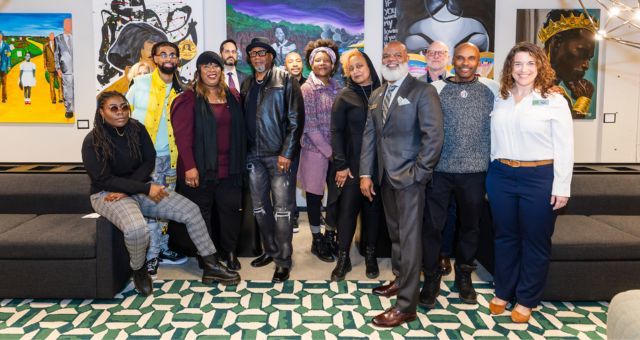 CEO Gregory A. Hill, Sr. and 7 featured artists whose works are on exhibit at the Federal Home Loan Bank of Indianapolis, a generous supporter of Meet the Artists XXXVII 'Pearl Experience'