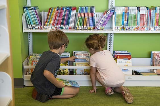 Two children kneeling in front of a bookcase looking over the selection.